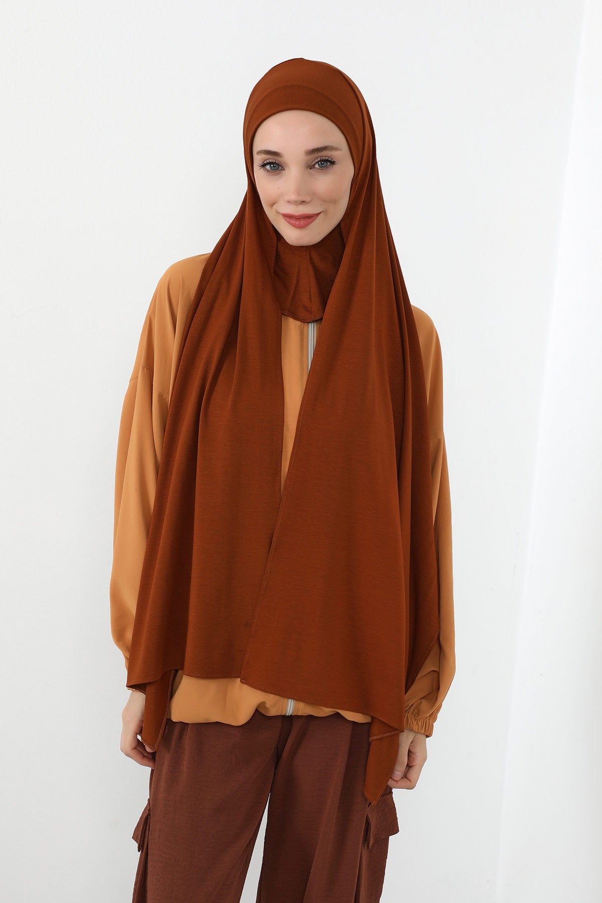 Neck-Covering Practical Jersey Hijab with Built-In Ninja Bonnet, Ready-to-Wear Hijab – Stretch Jersey Design with Integrated Undercap,PS-59 Tile Red