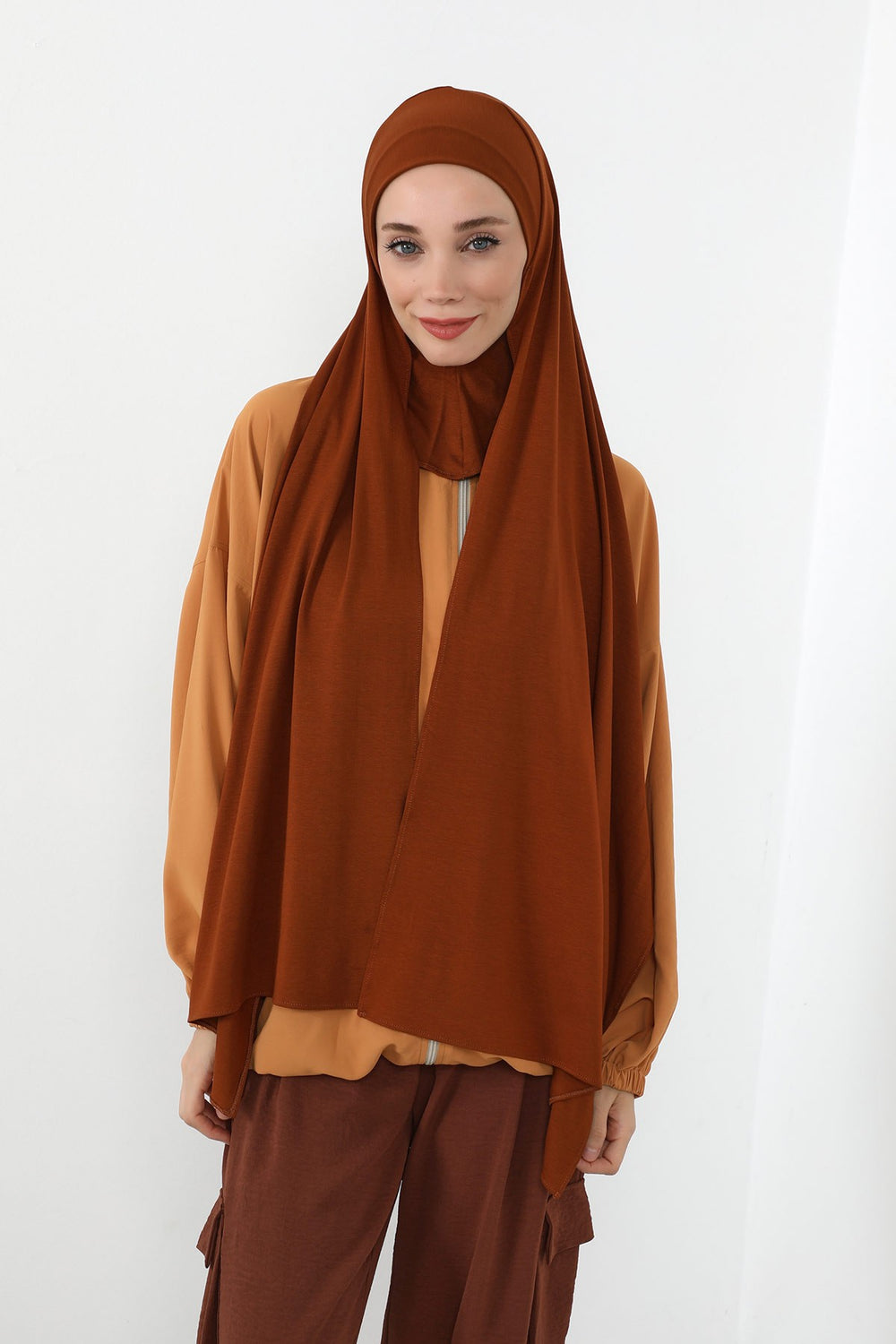 Neck-Covering Practical Jersey Hijab with Built-In Ninja Bonnet, Ready-to-Wear Hijab – Stretch Jersey Design with Integrated Undercap,PS-59 Tile Red