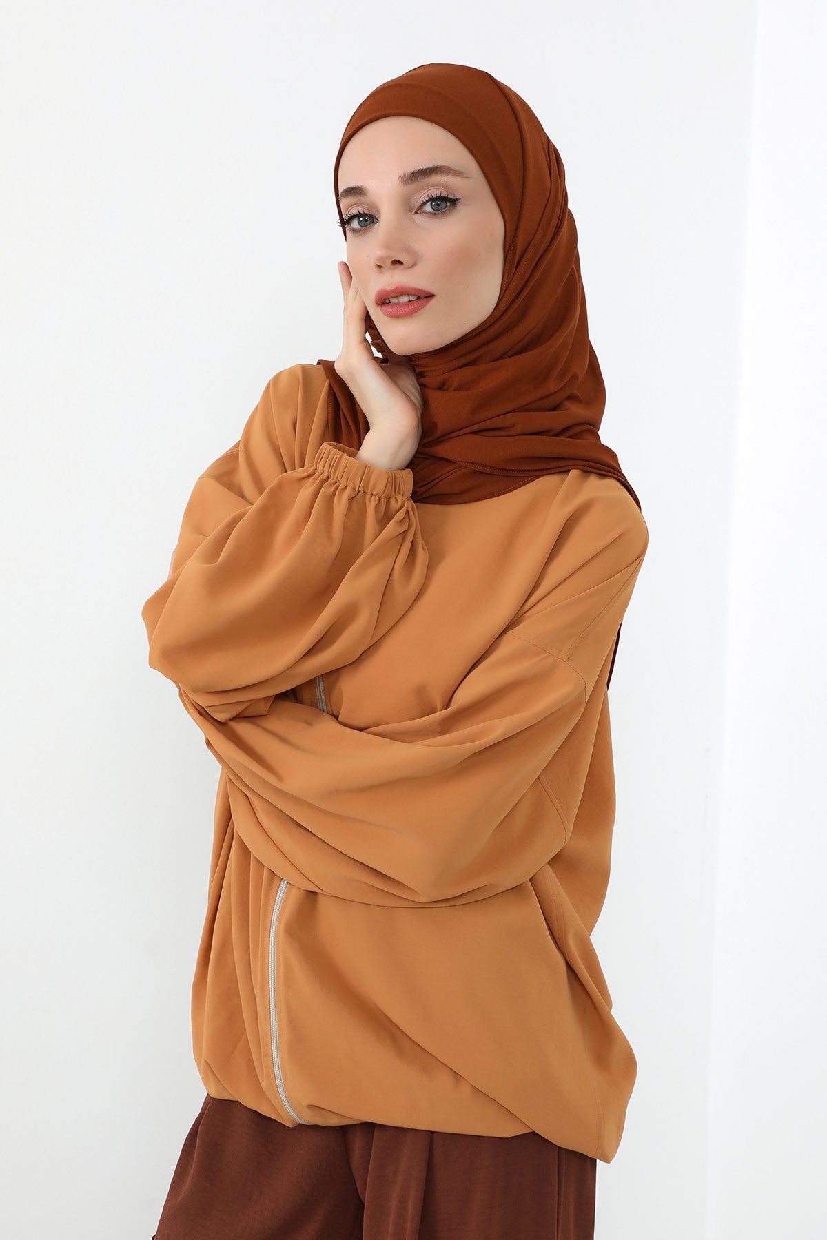 Neck-Covering Practical Jersey Hijab with Built-In Ninja Bonnet, Ready-to-Wear Hijab – Stretch Jersey Design with Integrated Undercap,PS-59 Tile Red
