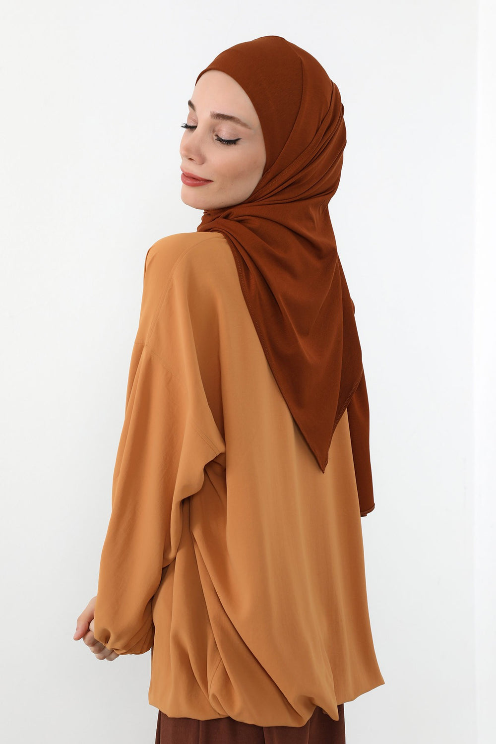 Neck-Covering Practical Jersey Hijab with Built-In Ninja Bonnet, Ready-to-Wear Hijab – Stretch Jersey Design with Integrated Undercap,PS-59 Tile Red