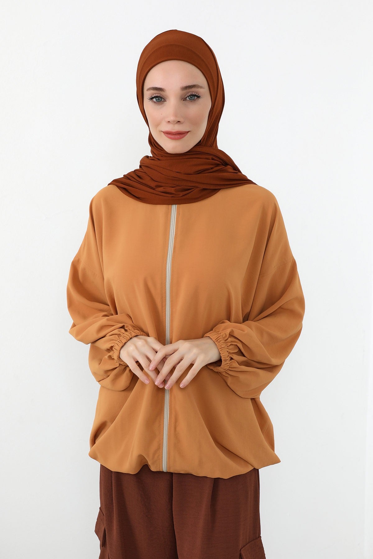 Neck-Covering Practical Jersey Hijab with Built-In Ninja Bonnet, Ready-to-Wear Hijab – Stretch Jersey Design with Integrated Undercap,PS-59 Tile Red