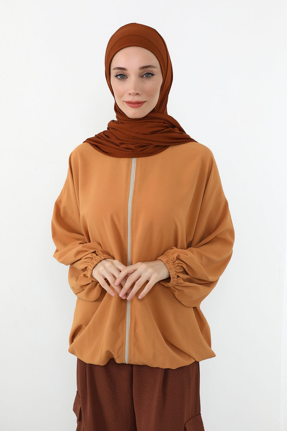 Neck-Covering Practical Jersey Hijab with Built-In Ninja Bonnet, Ready-to-Wear Hijab – Stretch Jersey Design with Integrated Undercap,PS-59 Tile Red