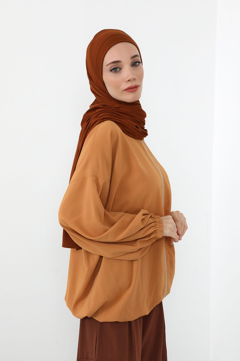 Neck-Covering Practical Jersey Hijab with Built-In Ninja Bonnet, Ready-to-Wear Hijab – Stretch Jersey Design with Integrated Undercap,PS-59 Tile Red
