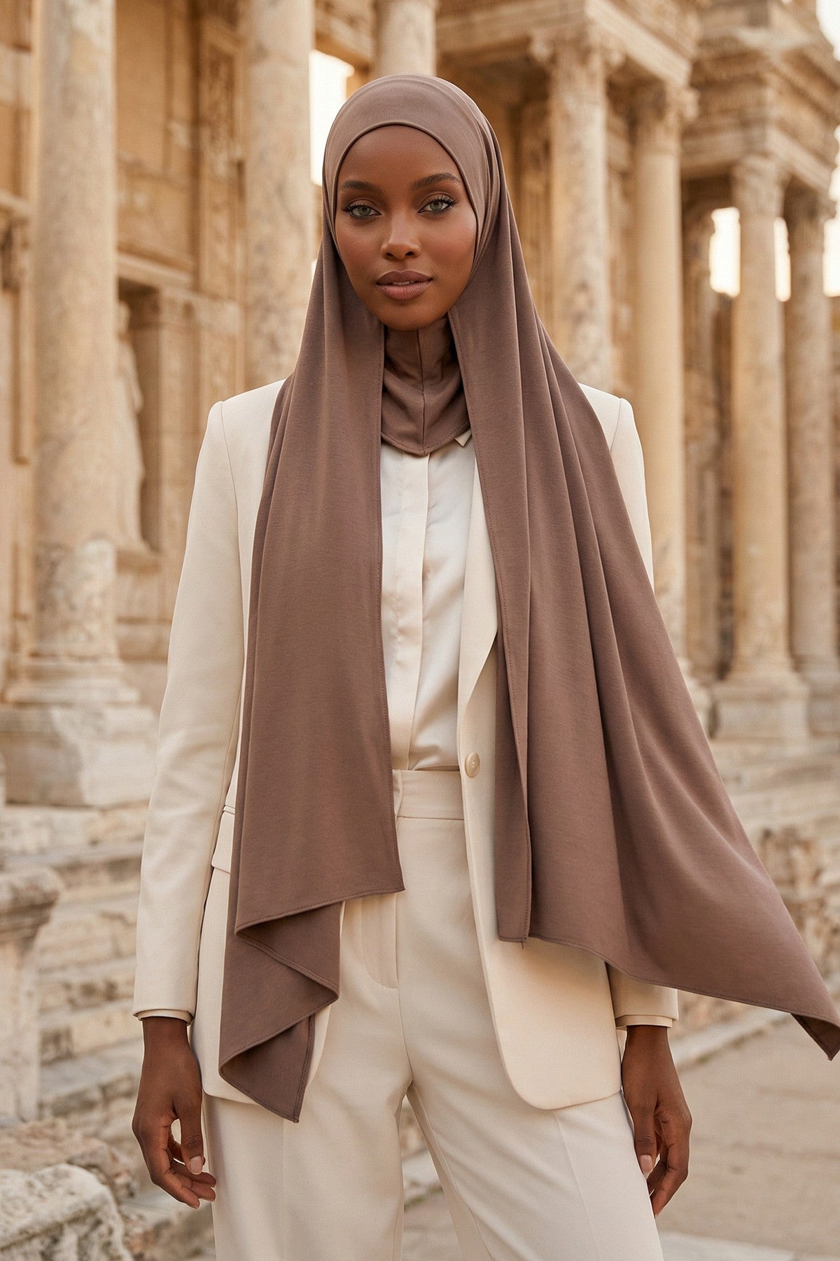 Neck-Covering Practical Jersey Hijab with Built-In Ninja Bonnet, Ready-to-Wear Hijab – Stretch Jersey Design with Integrated Undercap,PS-59 Chocolate