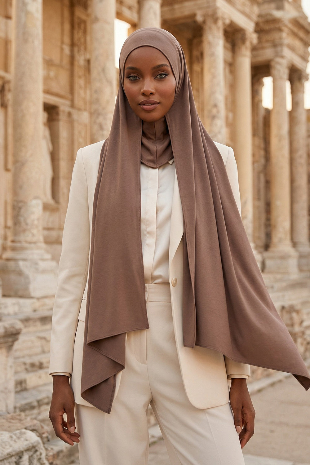 Neck-Covering Practical Jersey Hijab with Built-In Ninja Bonnet, Ready-to-Wear Hijab – Stretch Jersey Design with Integrated Undercap,PS-59 Chocolate