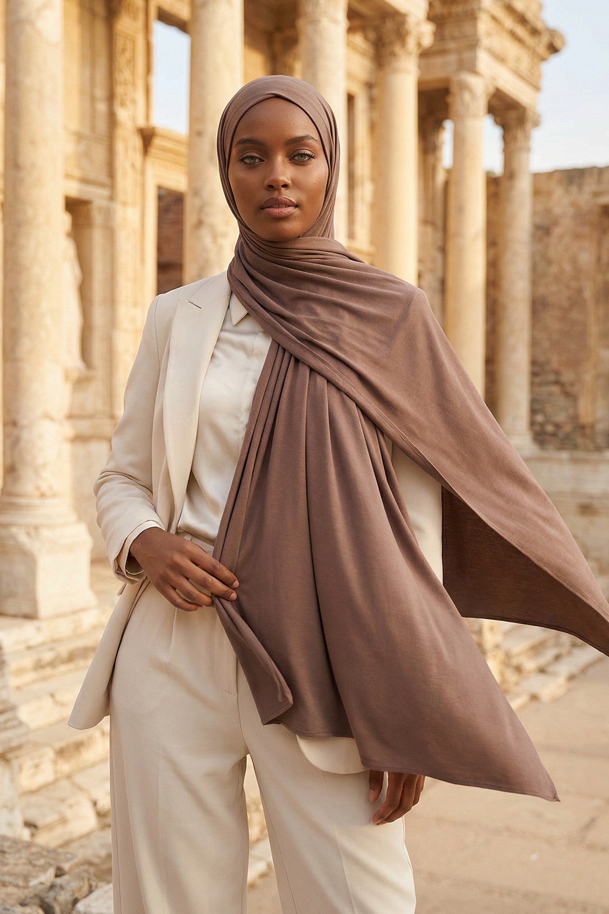 Neck-Covering Practical Jersey Hijab with Built-In Ninja Bonnet, Ready-to-Wear Hijab – Stretch Jersey Design with Integrated Undercap,PS-59 Chocolate