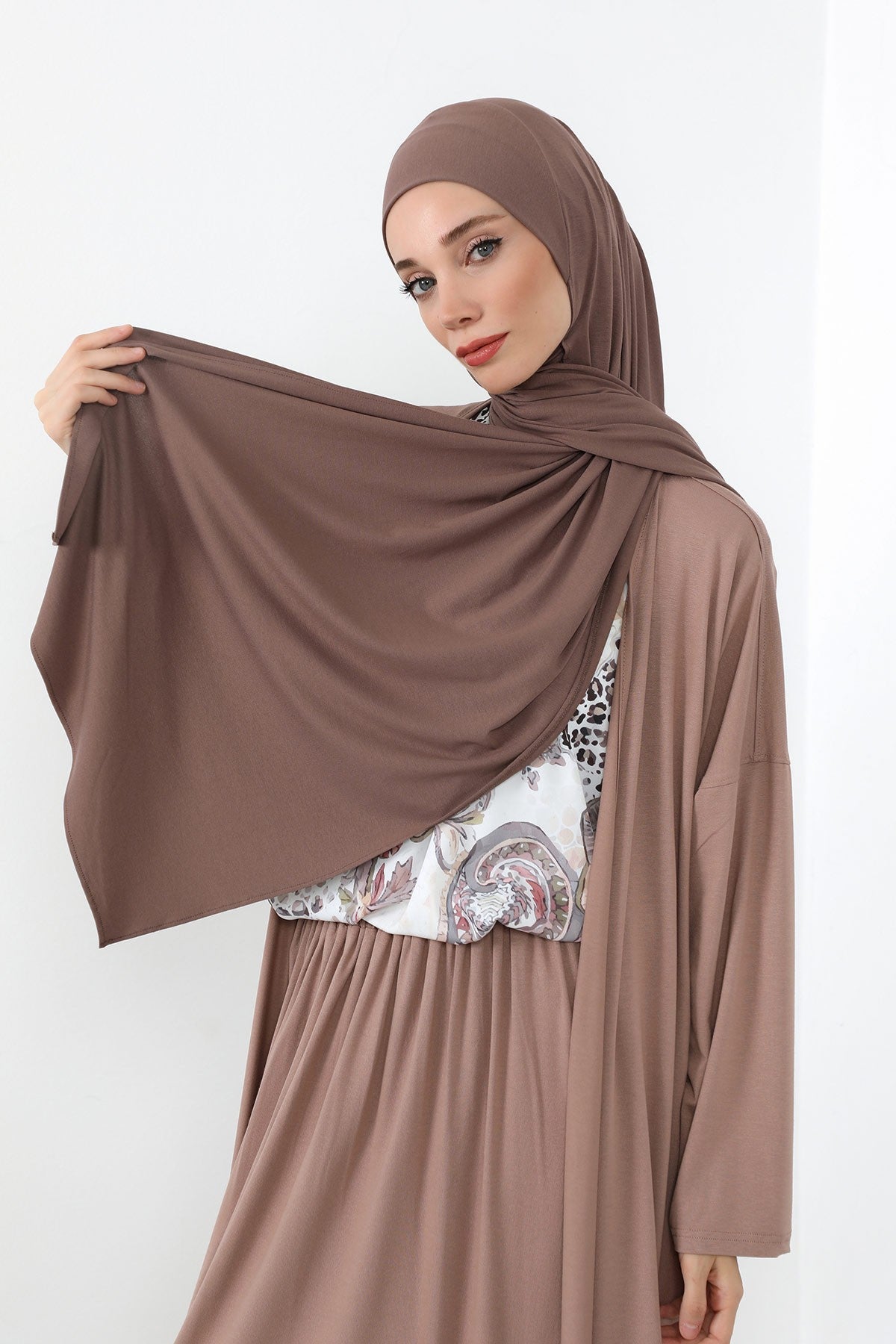 Neck-Covering Practical Jersey Hijab with Built-In Ninja Bonnet, Ready-to-Wear Hijab – Stretch Jersey Design with Integrated Undercap,PS-59 Chocolate