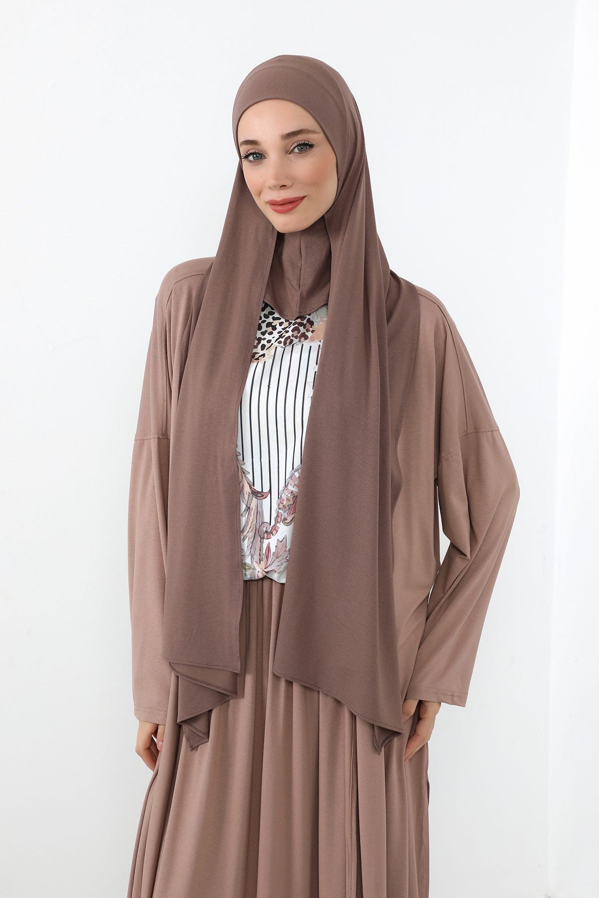 Neck-Covering Practical Jersey Hijab with Built-In Ninja Bonnet, Ready-to-Wear Hijab – Stretch Jersey Design with Integrated Undercap,PS-59 Chocolate