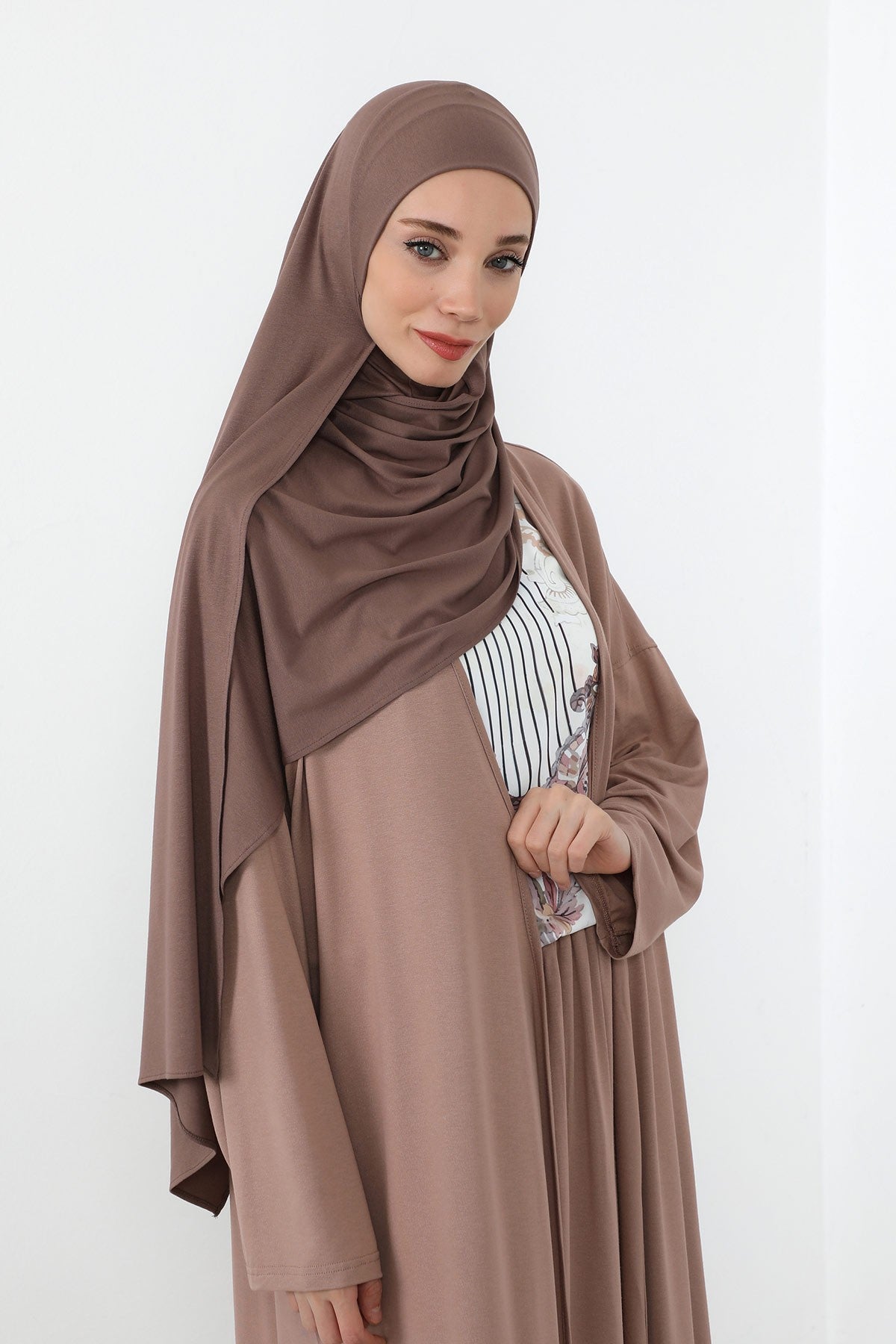 Neck-Covering Practical Jersey Hijab with Built-In Ninja Bonnet, Ready-to-Wear Hijab – Stretch Jersey Design with Integrated Undercap,PS-59 Chocolate