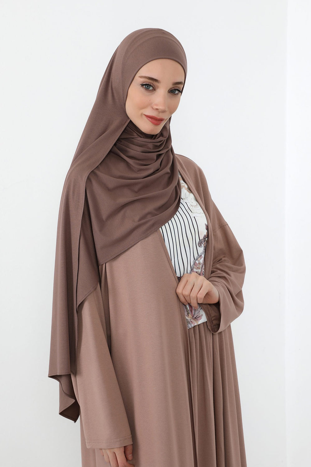 Neck-Covering Practical Jersey Hijab with Built-In Ninja Bonnet, Ready-to-Wear Hijab – Stretch Jersey Design with Integrated Undercap,PS-59 Chocolate