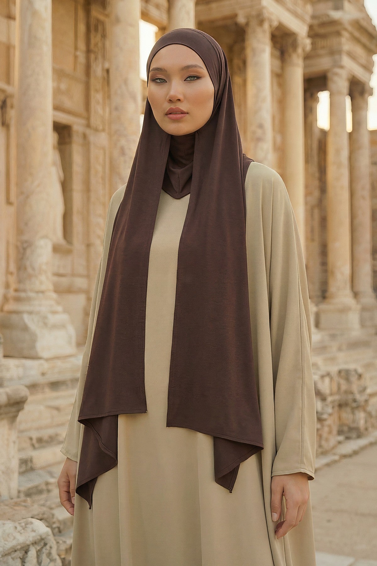 Neck-Covering Practical Jersey Hijab with Built-In Ninja Bonnet, Ready-to-Wear Hijab – Stretch Jersey Design with Integrated Undercap,PS-59 Brown