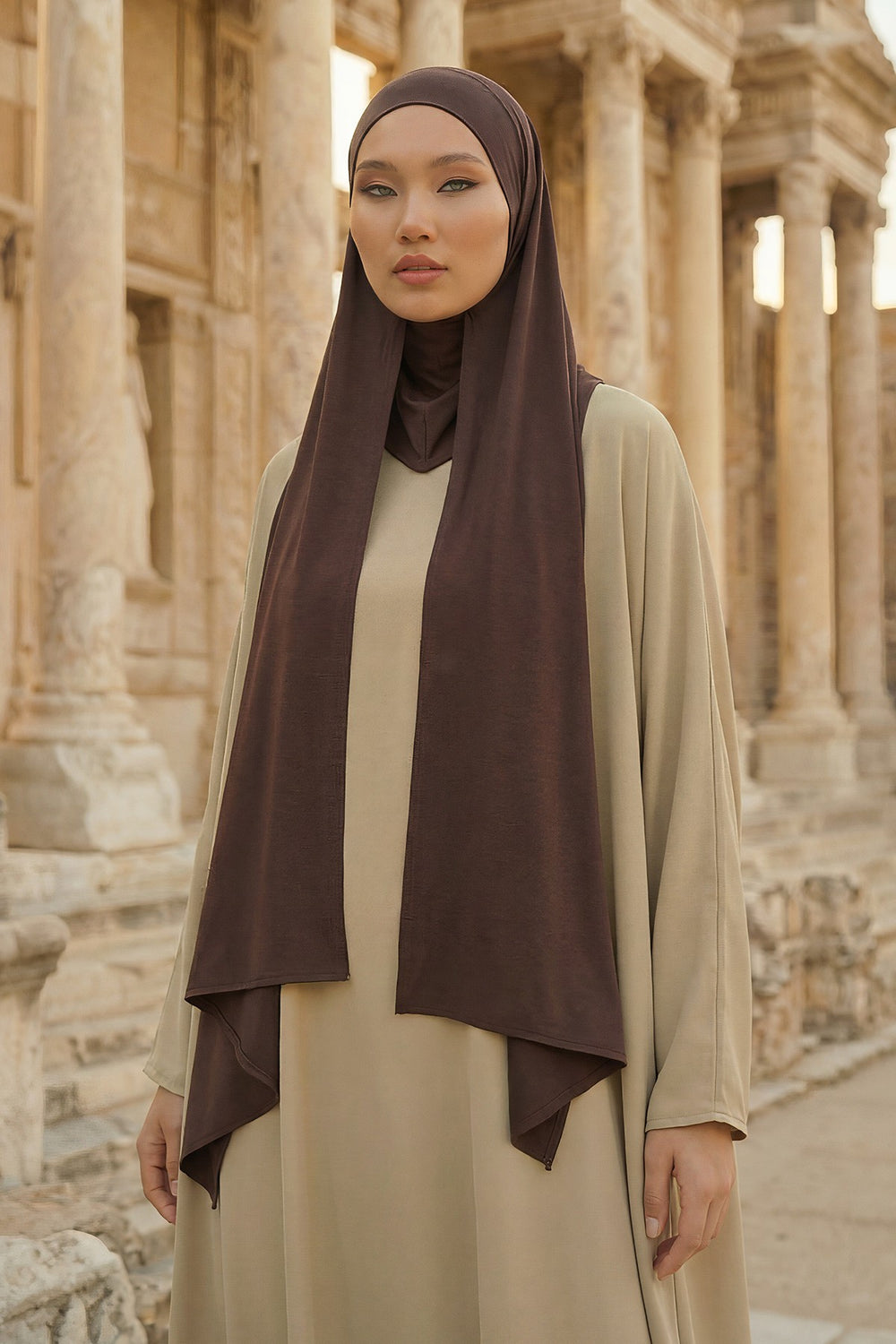 Neck-Covering Practical Jersey Hijab with Built-In Ninja Bonnet, Ready-to-Wear Hijab – Stretch Jersey Design with Integrated Undercap,PS-59 Brown