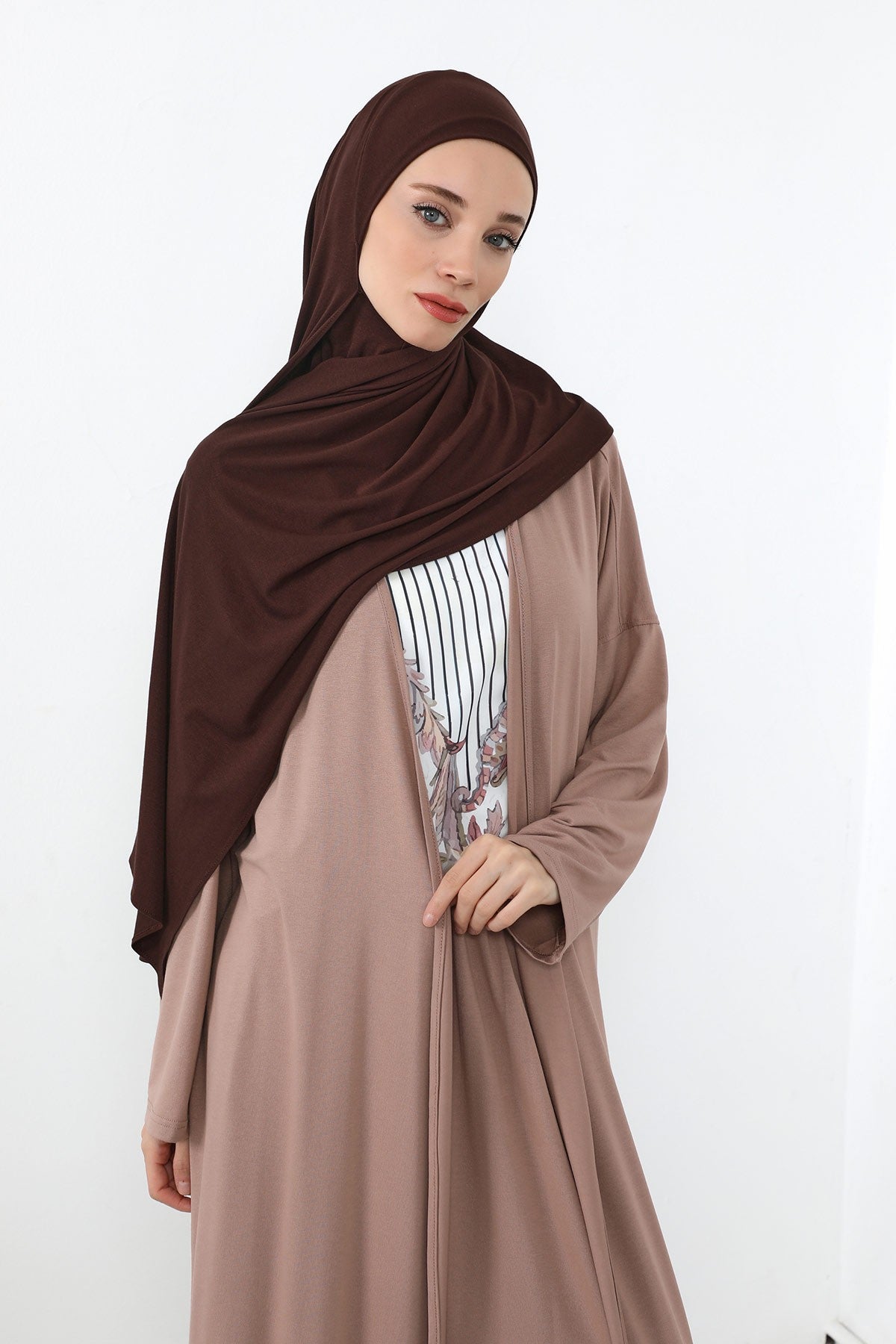 Neck-Covering Practical Jersey Hijab with Built-In Ninja Bonnet, Ready-to-Wear Hijab – Stretch Jersey Design with Integrated Undercap,PS-59 Brown