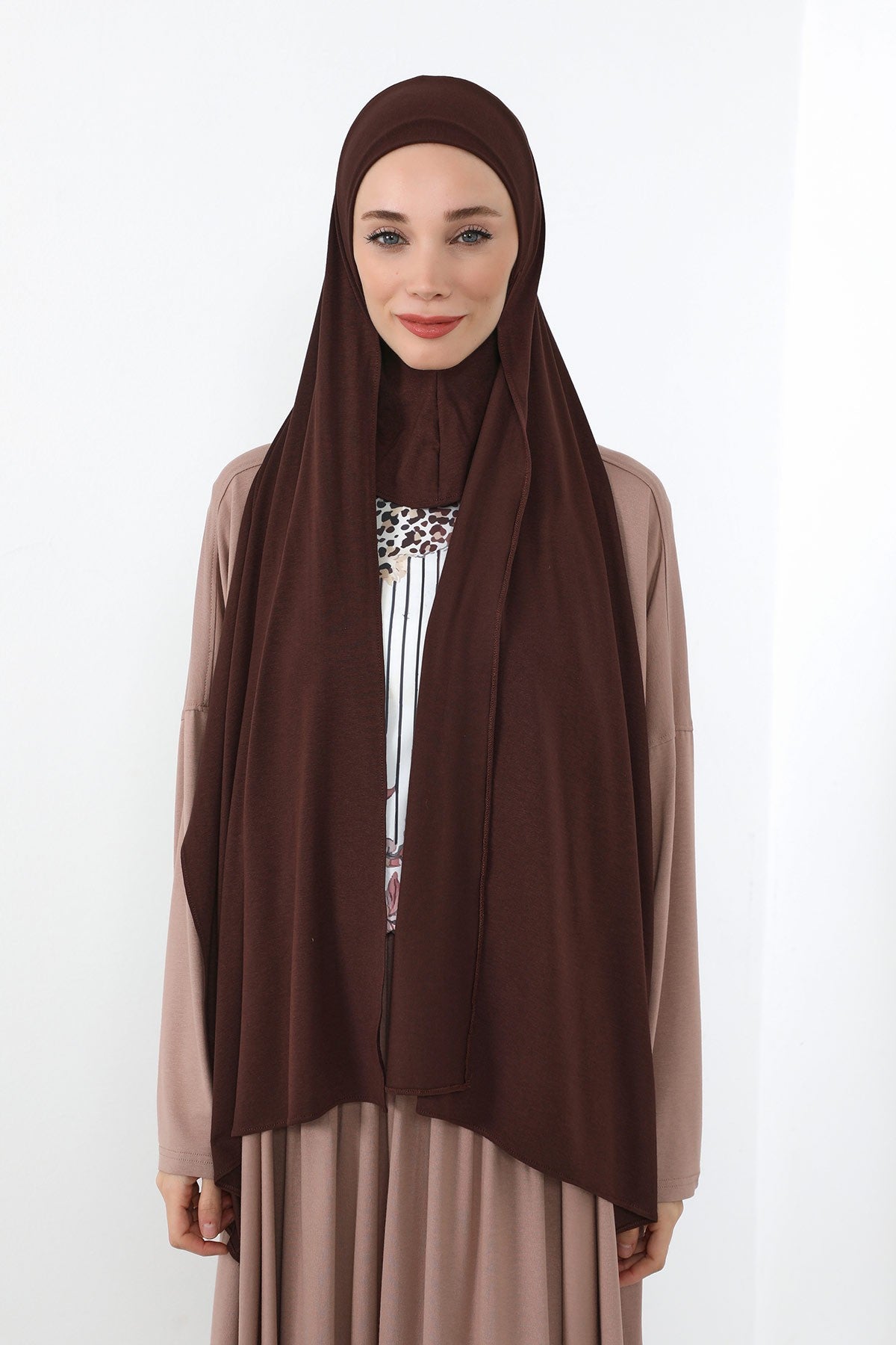 Neck-Covering Practical Jersey Hijab with Built-In Ninja Bonnet, Ready-to-Wear Hijab – Stretch Jersey Design with Integrated Undercap,PS-59 Brown