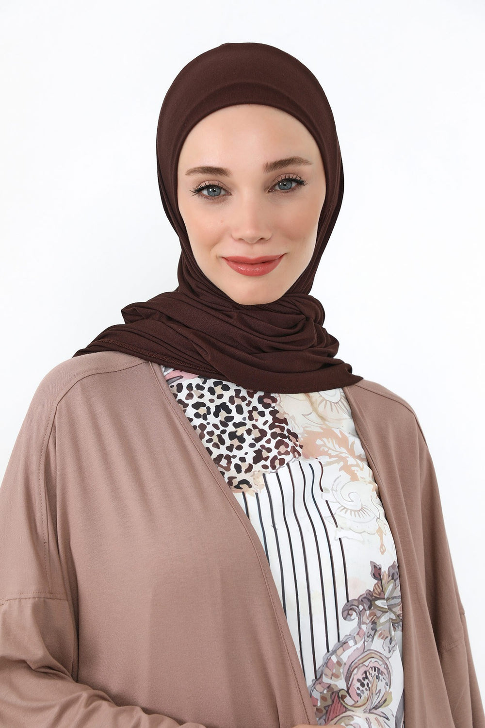 Neck-Covering Practical Jersey Hijab with Built-In Ninja Bonnet, Ready-to-Wear Hijab – Stretch Jersey Design with Integrated Undercap,PS-59 Brown