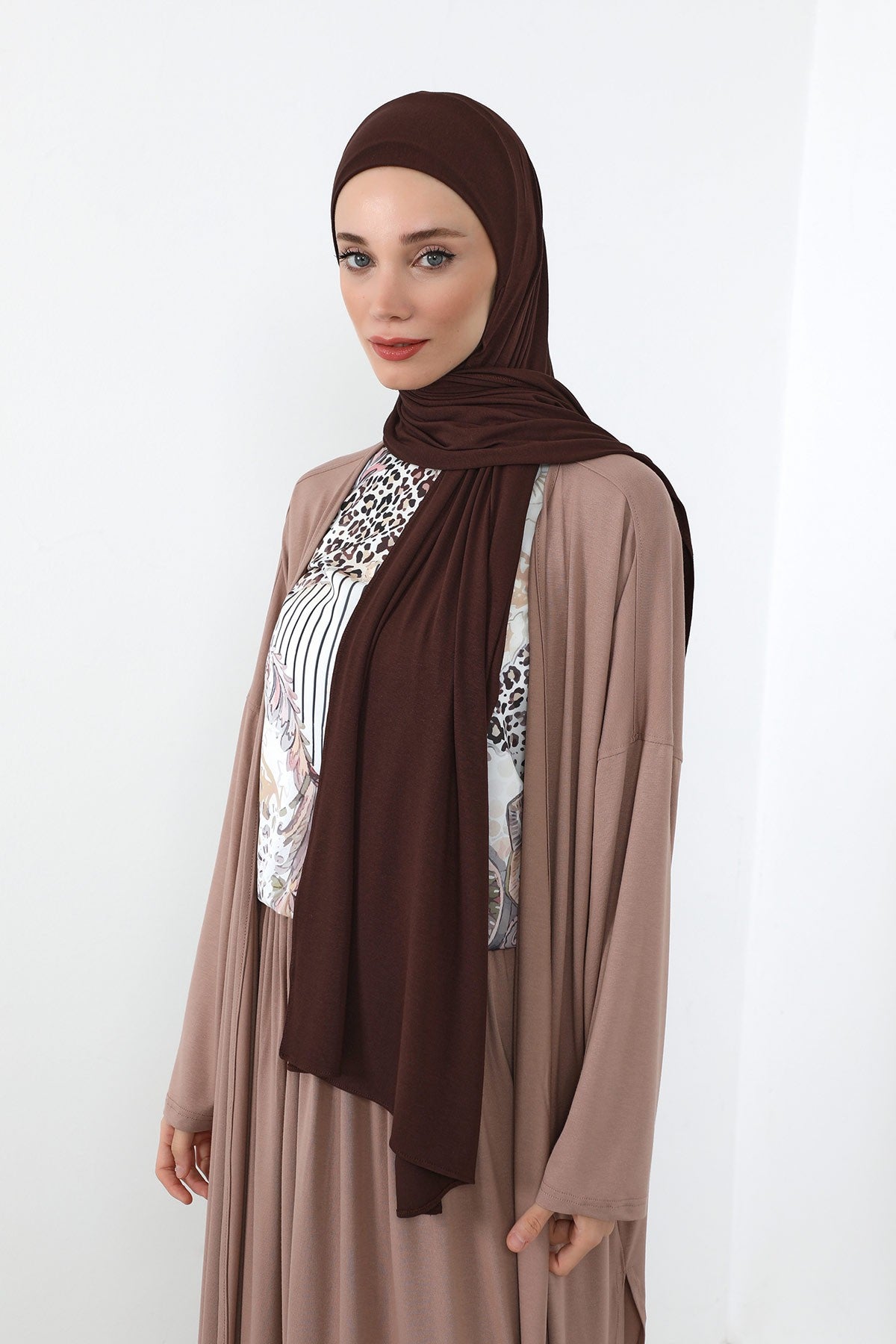 Neck-Covering Practical Jersey Hijab with Built-In Ninja Bonnet, Ready-to-Wear Hijab – Stretch Jersey Design with Integrated Undercap,PS-59 Brown