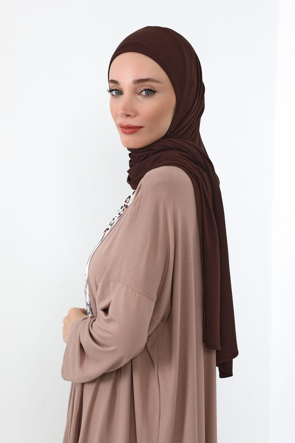 Neck-Covering Practical Jersey Hijab with Built-In Ninja Bonnet, Ready-to-Wear Hijab – Stretch Jersey Design with Integrated Undercap,PS-59 Brown