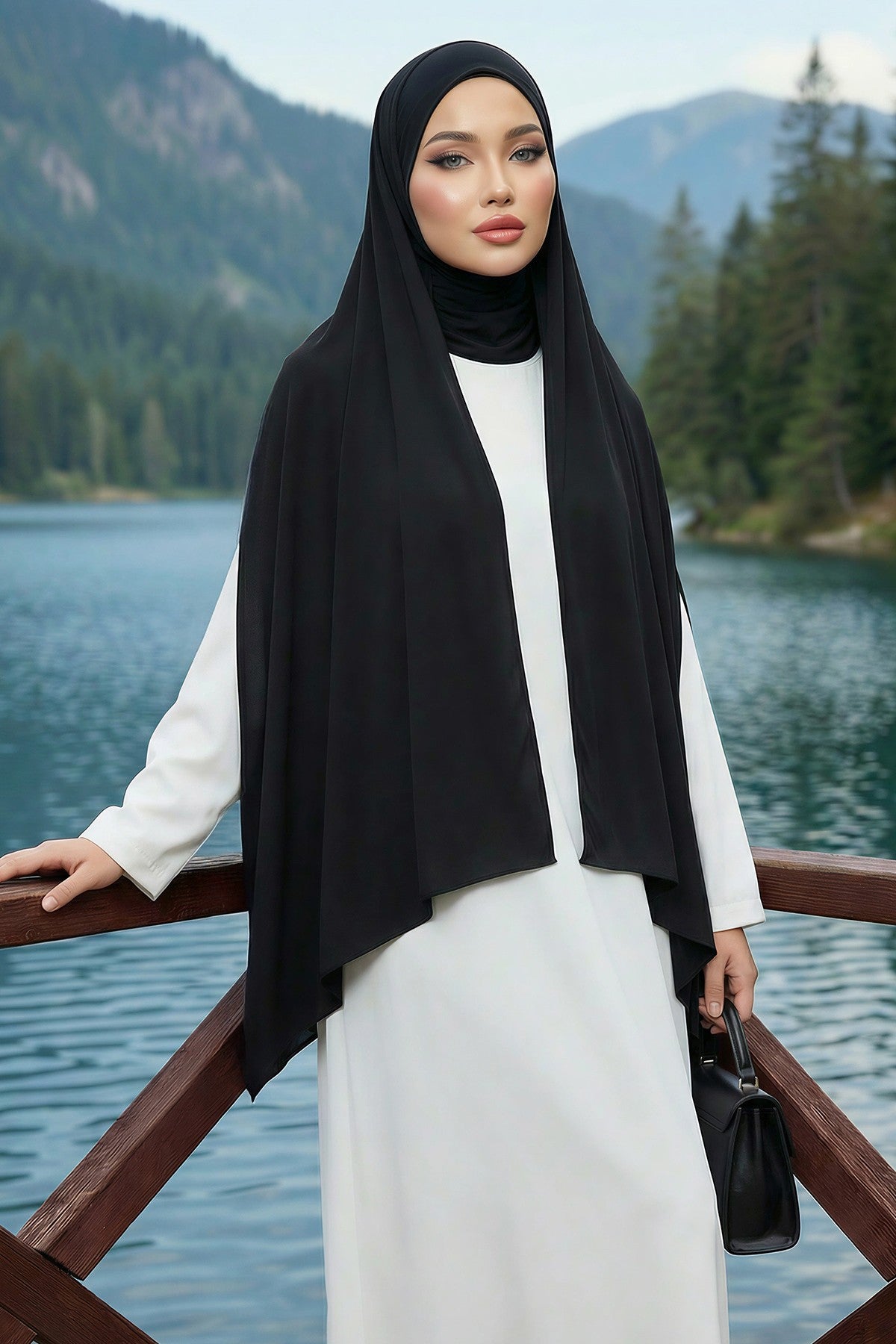 Neck-Covering Practical Jersey Hijab with Built-In Ninja Bonnet, Ready-to-Wear Hijab – Stretch Jersey Design with Integrated Undercap,PS-59 Black