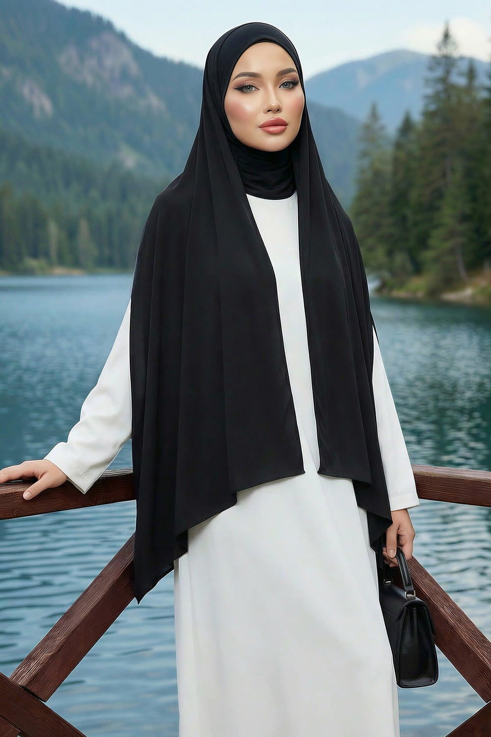 Neck-Covering Practical Jersey Hijab with Built-In Ninja Bonnet, Ready-to-Wear Hijab – Stretch Jersey Design with Integrated Undercap,PS-59 Black