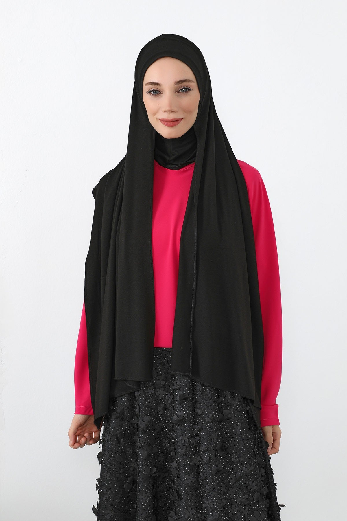 Neck-Covering Practical Jersey Hijab with Built-In Ninja Bonnet, Ready-to-Wear Hijab – Stretch Jersey Design with Integrated Undercap,PS-59 Black