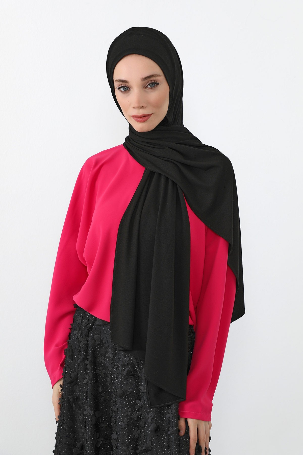 Neck-Covering Practical Jersey Hijab with Built-In Ninja Bonnet, Ready-to-Wear Hijab – Stretch Jersey Design with Integrated Undercap,PS-59 Black