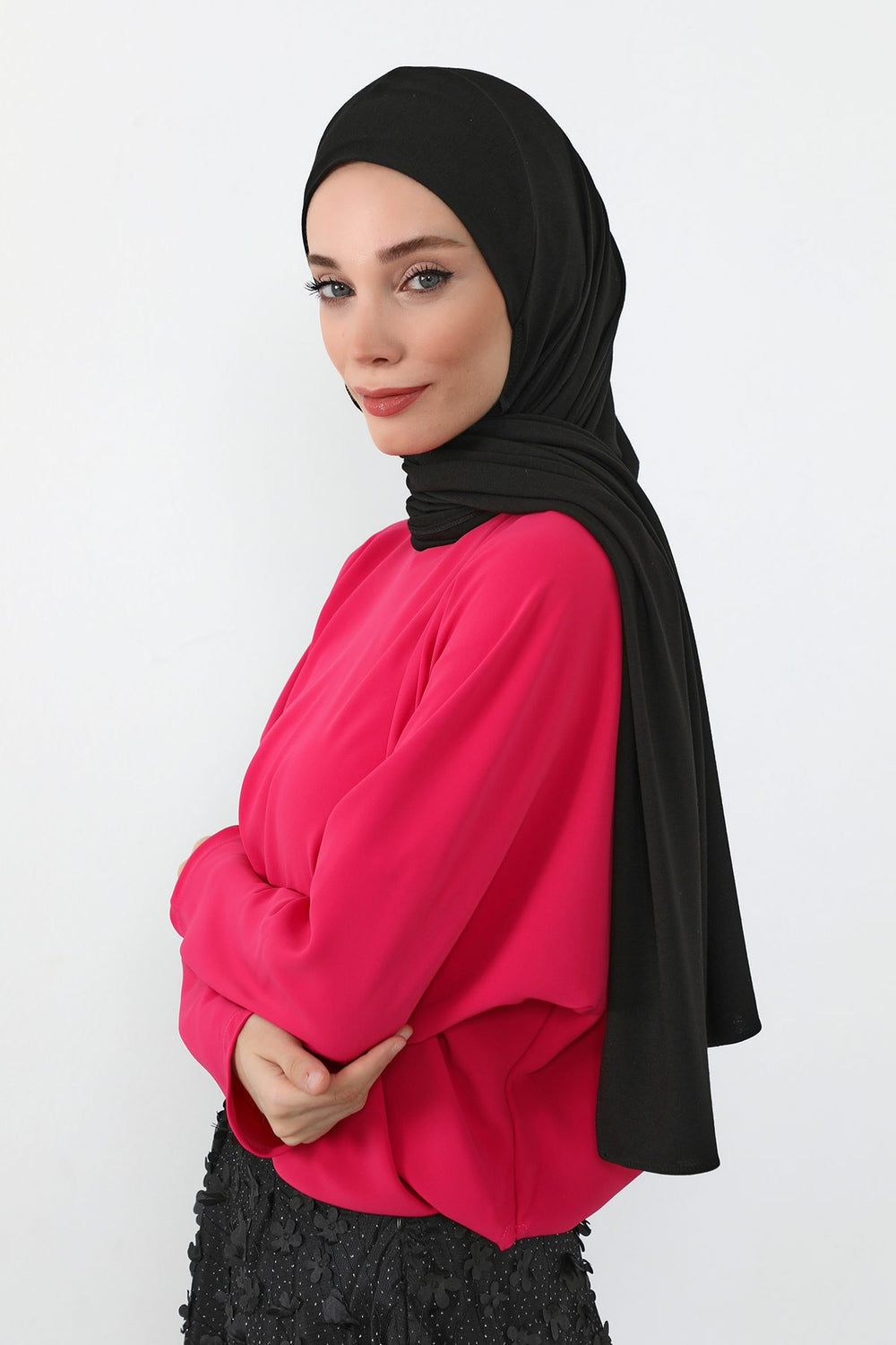 Neck-Covering Practical Jersey Hijab with Built-In Ninja Bonnet, Ready-to-Wear Hijab – Stretch Jersey Design with Integrated Undercap,PS-59 Black