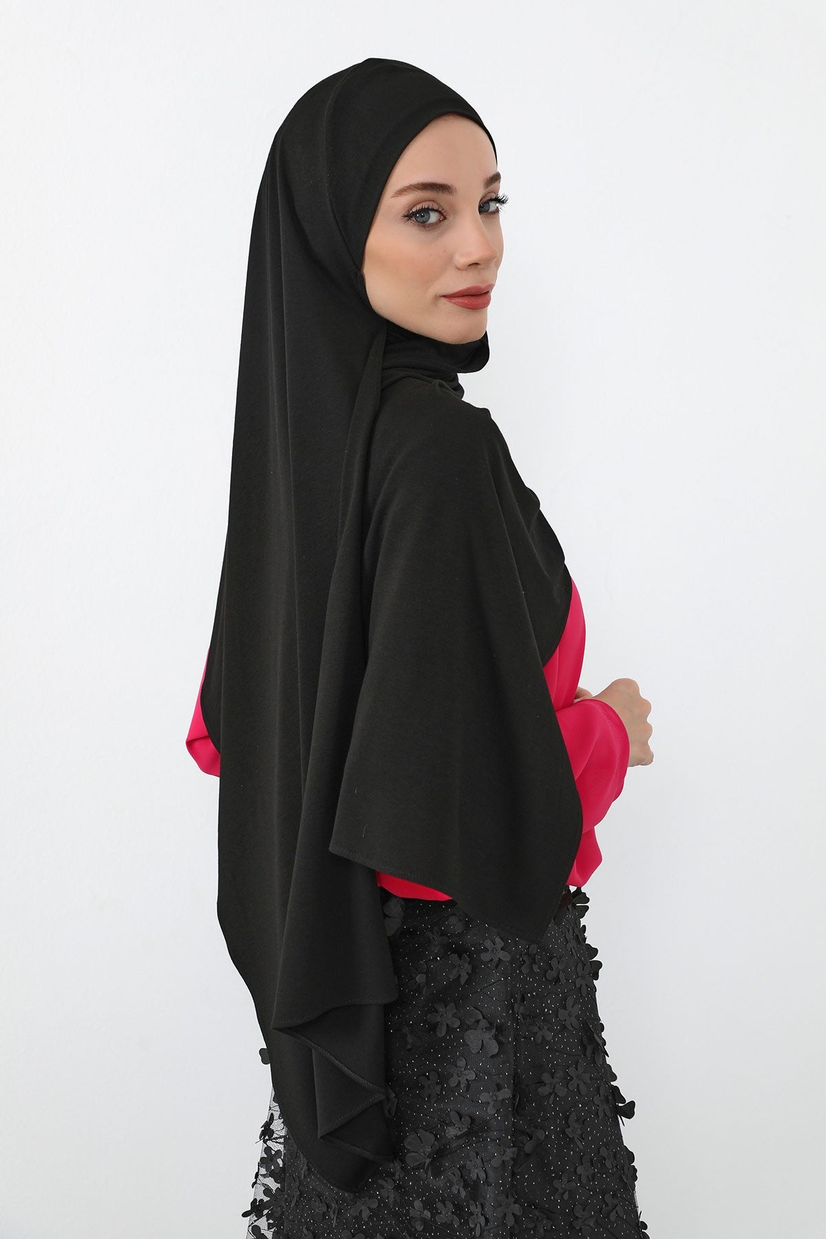 Neck-Covering Practical Jersey Hijab with Built-In Ninja Bonnet, Ready-to-Wear Hijab – Stretch Jersey Design with Integrated Undercap,PS-59 Black