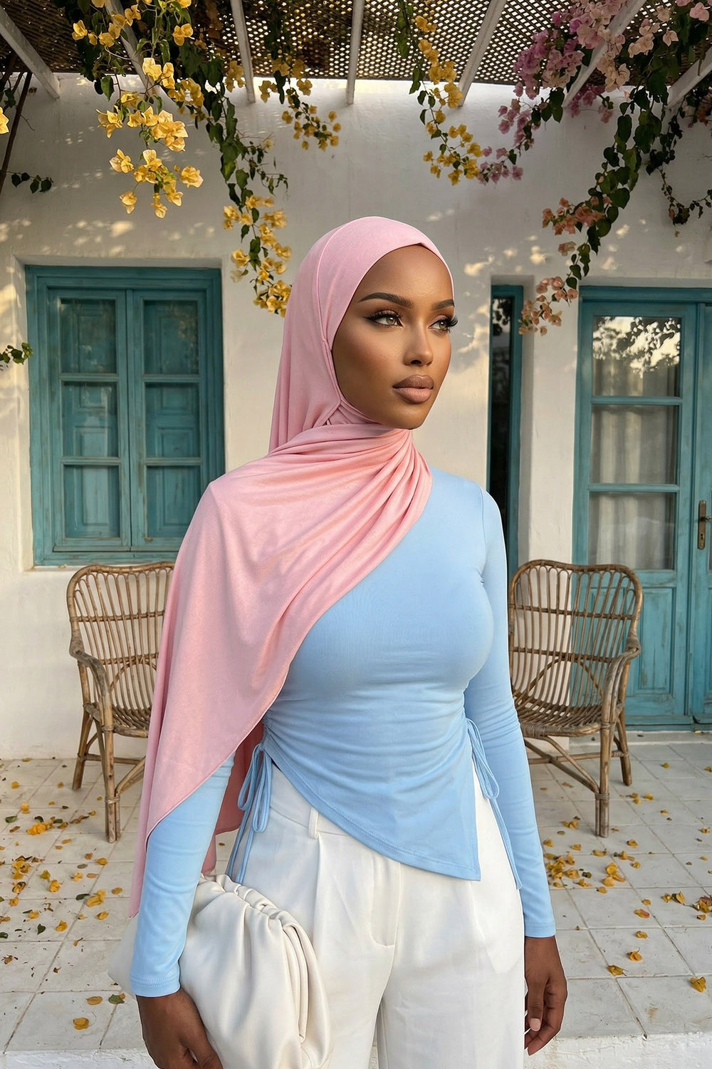 Neck-Covering Practical Jersey Hijab with Built-In Ninja Bonnet, Ready-to-Wear Hijab – Stretch Jersey Design with Integrated Undercap,PS-59 Powder