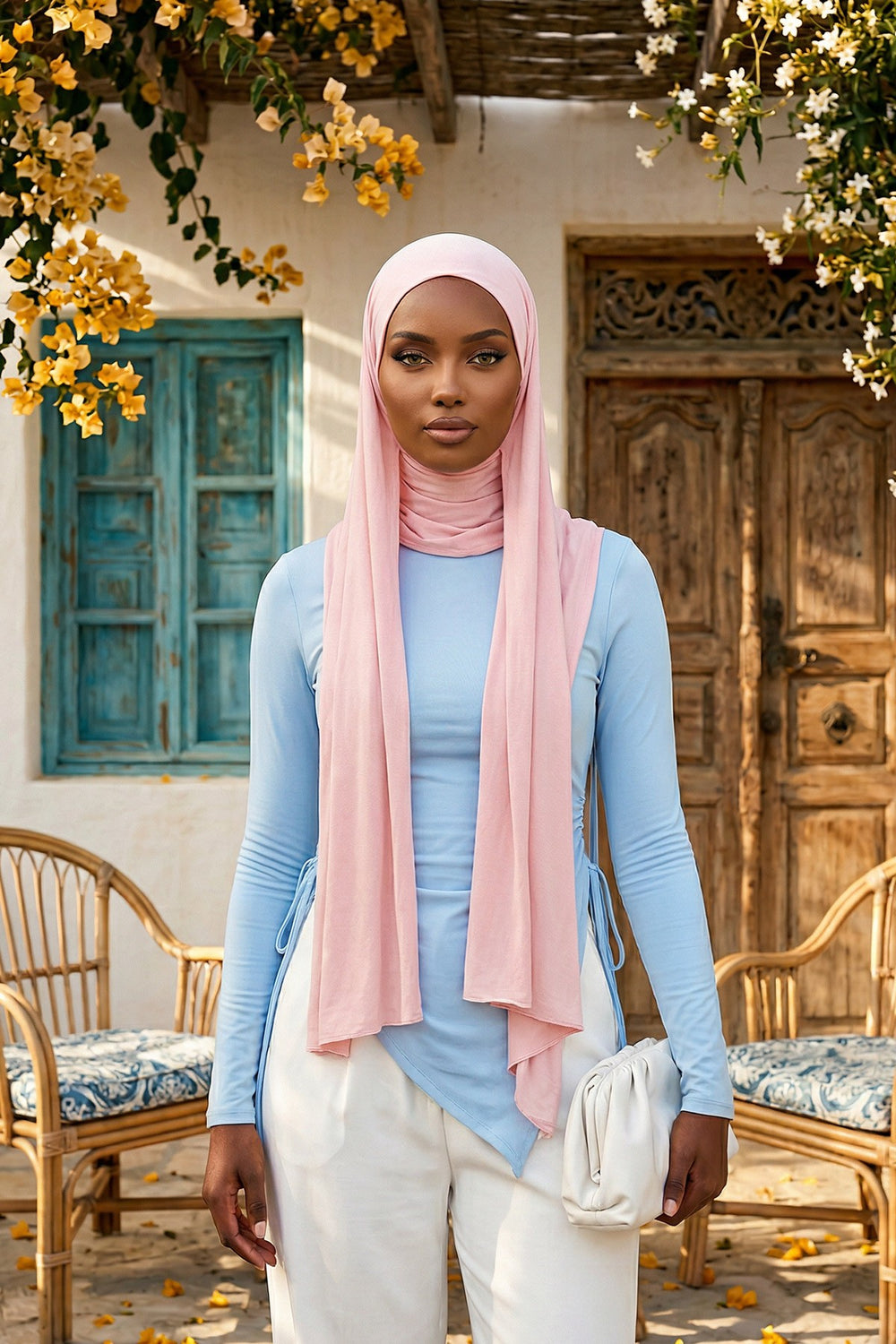 Neck-Covering Practical Jersey Hijab with Built-In Ninja Bonnet, Ready-to-Wear Hijab – Stretch Jersey Design with Integrated Undercap,PS-59 Powder