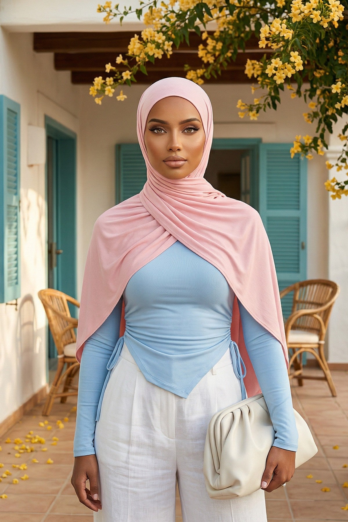 Neck-Covering Practical Jersey Hijab with Built-In Ninja Bonnet, Ready-to-Wear Hijab – Stretch Jersey Design with Integrated Undercap,PS-59 Powder