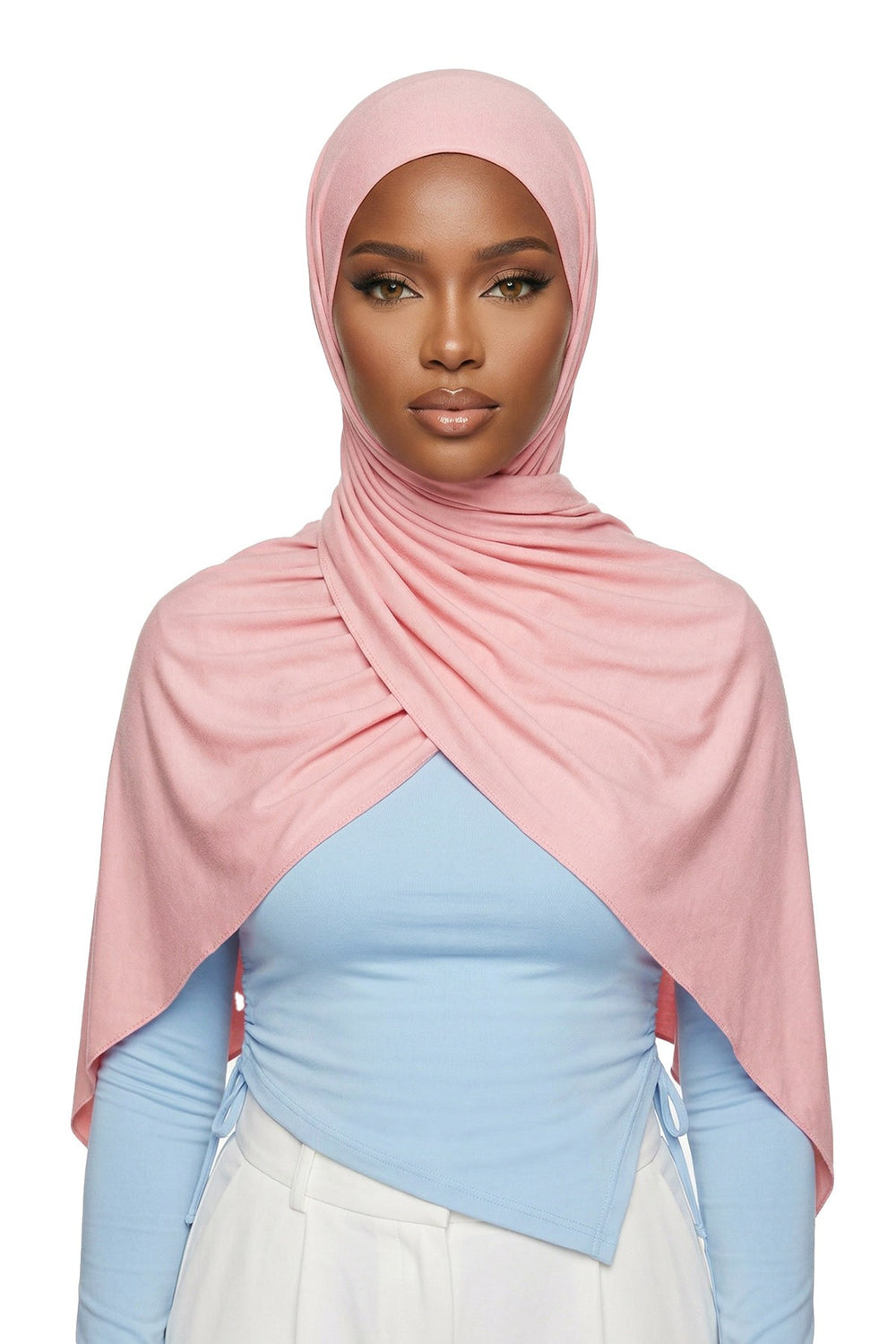 Neck-Covering Practical Jersey Hijab with Built-In Ninja Bonnet, Ready-to-Wear Hijab – Stretch Jersey Design with Integrated Undercap,PS-59 Powder
