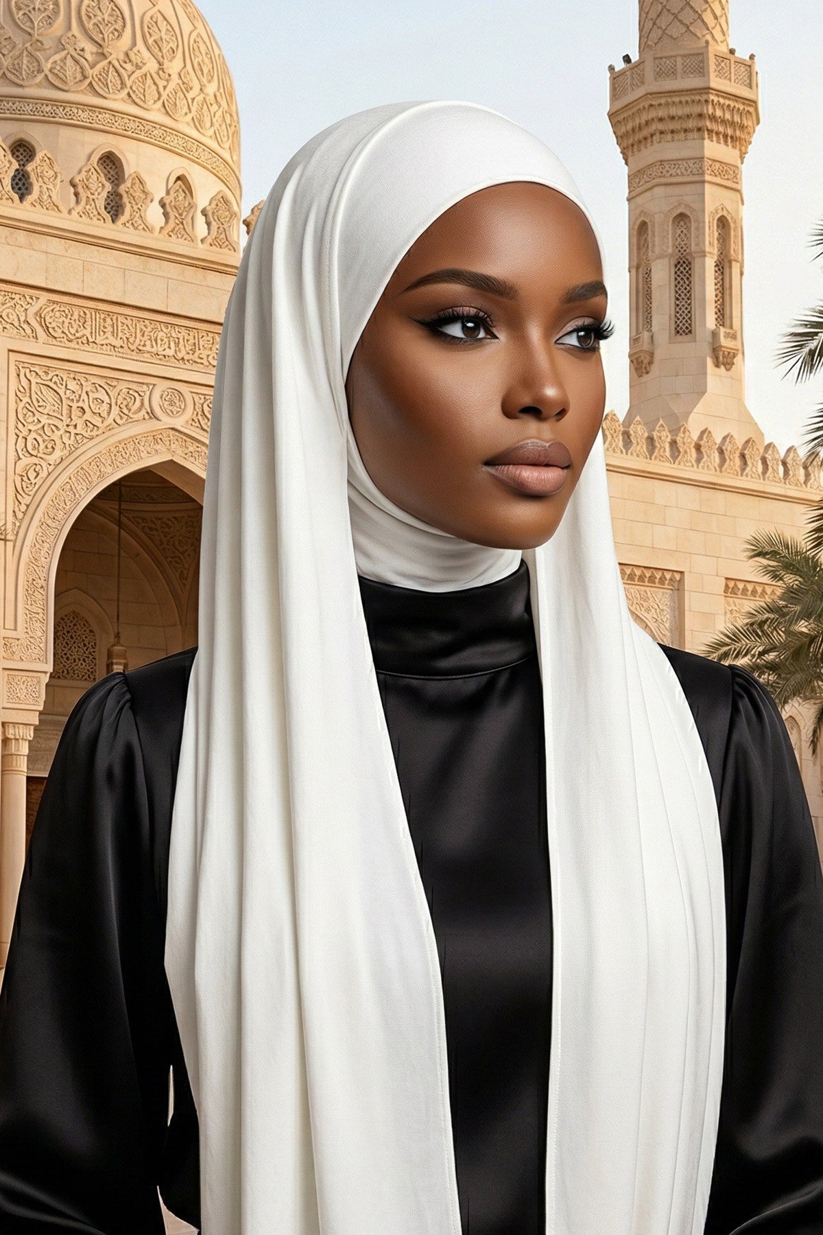 Neck-Covering Practical Jersey Hijab with Built-In Ninja Bonnet, Ready-to-Wear Hijab – Stretch Jersey Design with Integrated Undercap,PS-59 Ivory