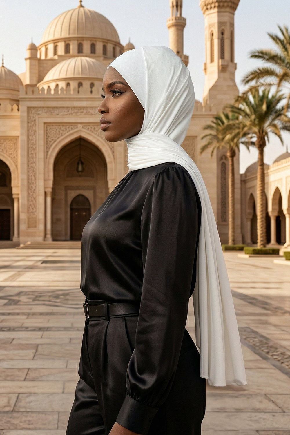 Neck-Covering Practical Jersey Hijab with Built-In Ninja Bonnet, Ready-to-Wear Hijab – Stretch Jersey Design with Integrated Undercap,PS-59 Ivory