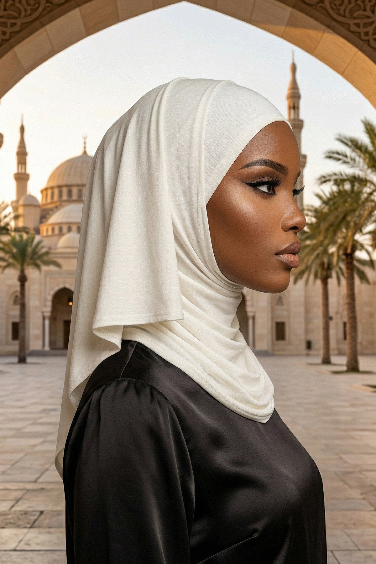Neck-Covering Practical Jersey Hijab with Built-In Ninja Bonnet, Ready-to-Wear Hijab – Stretch Jersey Design with Integrated Undercap,PS-59 Ivory