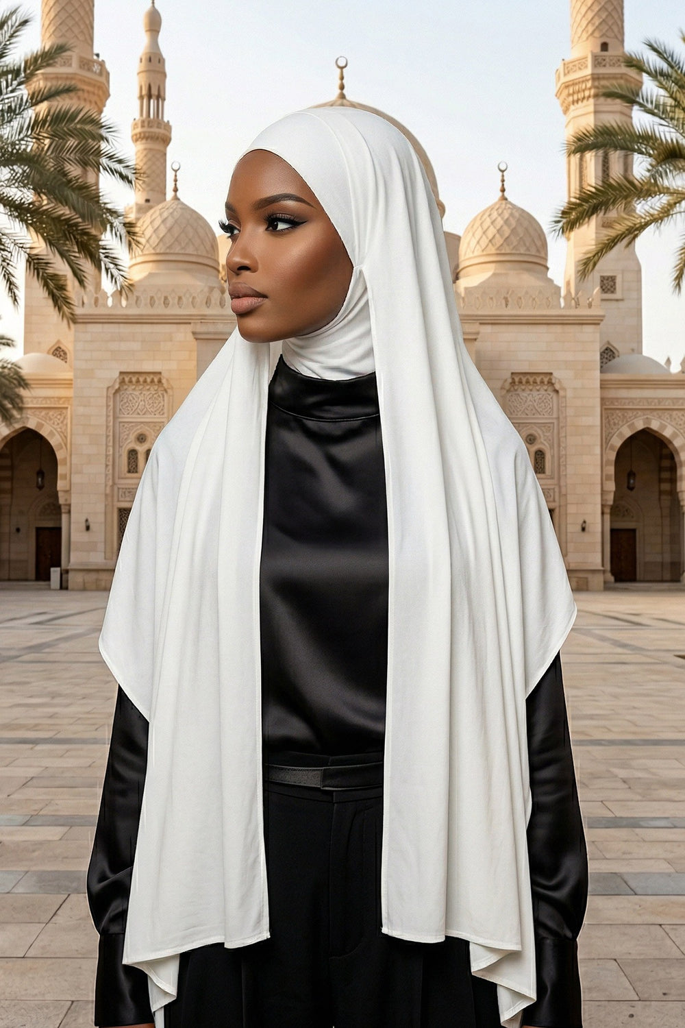 Neck-Covering Practical Jersey Hijab with Built-In Ninja Bonnet, Ready-to-Wear Hijab – Stretch Jersey Design with Integrated Undercap,PS-59 Ivory