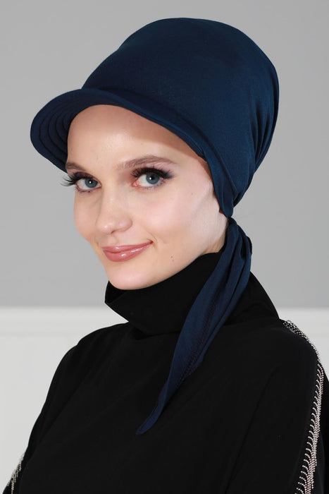 Newsboy Visor Bandana Cover for Elegant Look, Stylish Cotton Women Bandana, Comfortable and Easy Wrap Chemo Headwear Visor Bonnet Cap,B-40 Navy Blue