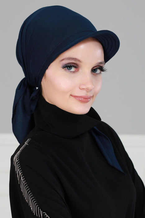 Newsboy Visor Bandana Cover for Elegant Look, Stylish Cotton Women Bandana, Comfortable and Easy Wrap Chemo Headwear Visor Bonnet Cap,B-40 Navy Blue