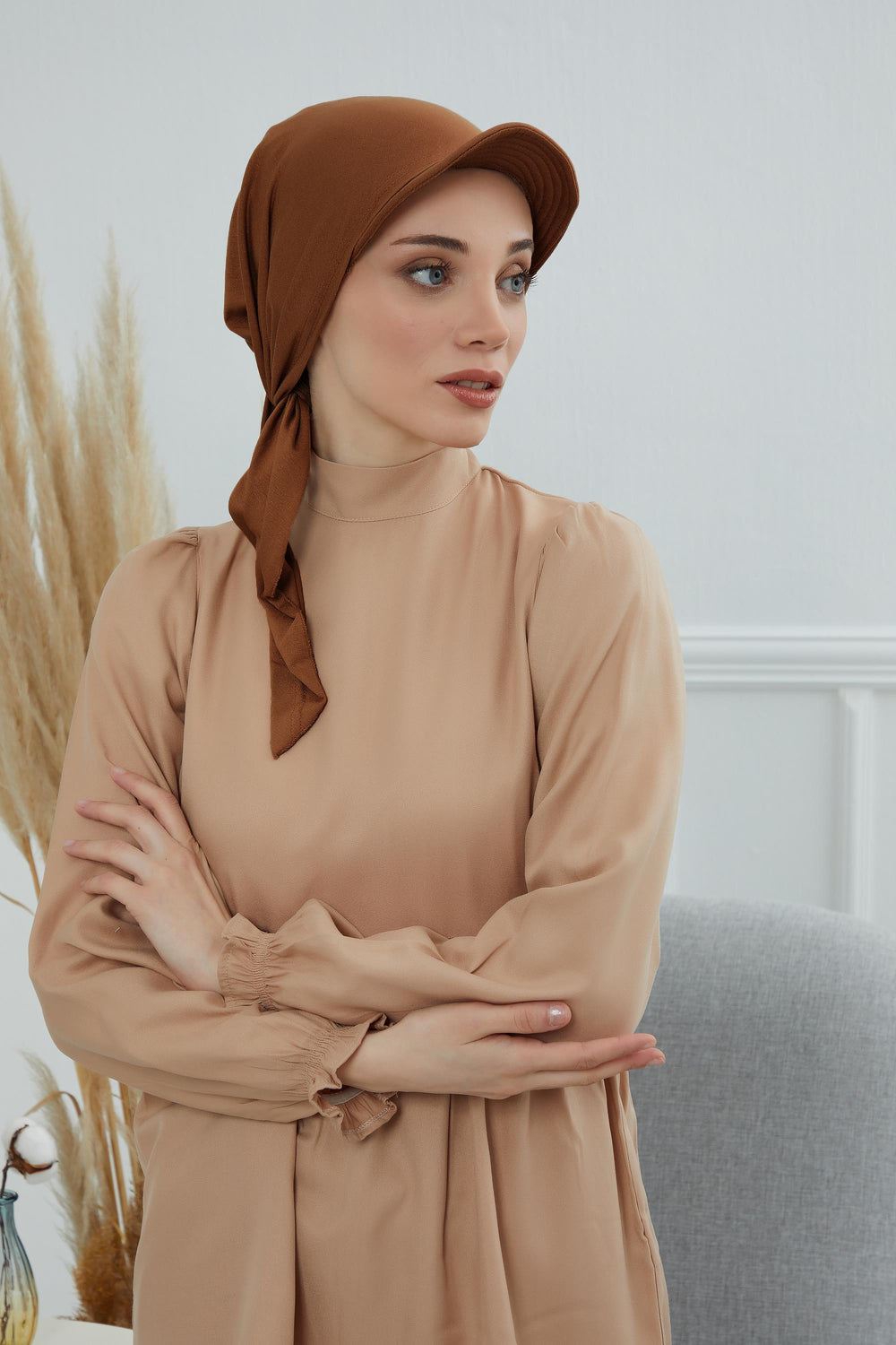 Newsboy Visor Bandana Cover for Elegant Look, Stylish Cotton Women Bandana, Comfortable and Easy Wrap Chemo Headwear Visor Bonnet Cap,B-40 Caramel Brown