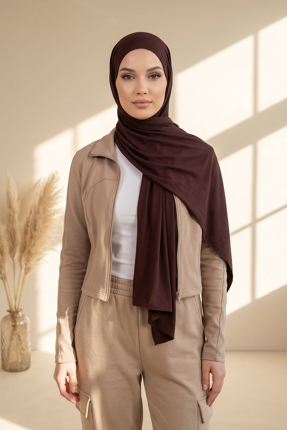 Non-Slip Practical Jersey Hijab Shawl,PS-60 Brown