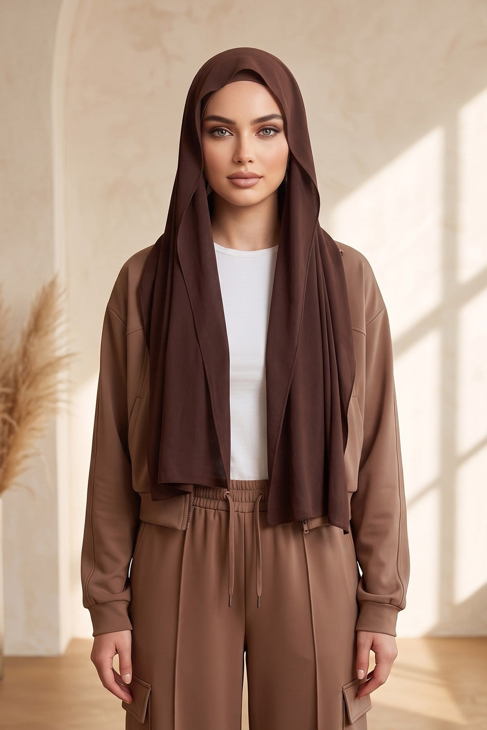 Non-Slip Practical Jersey Hijab Shawl,PS-60 Brown