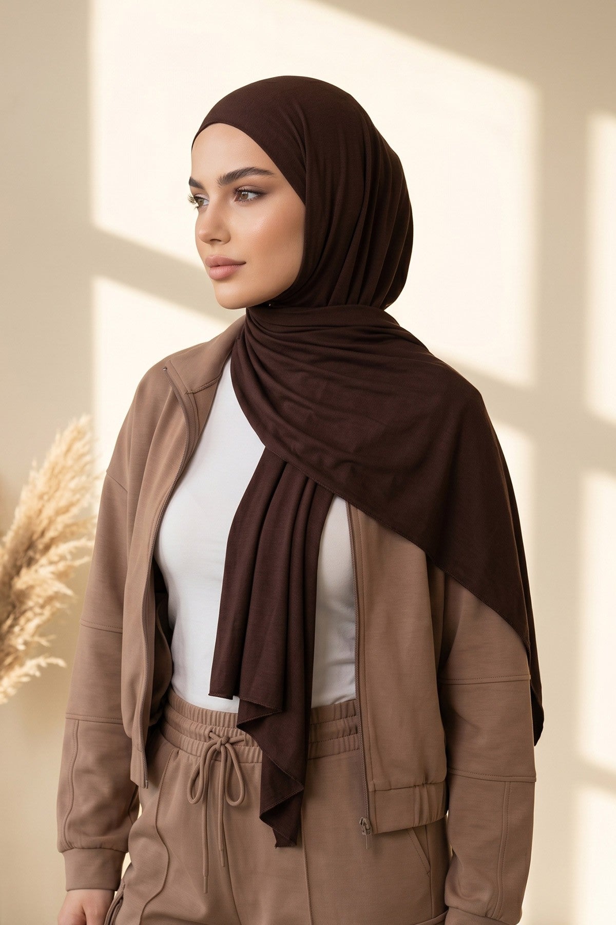 Non-Slip Practical Jersey Hijab Shawl,PS-60 Brown