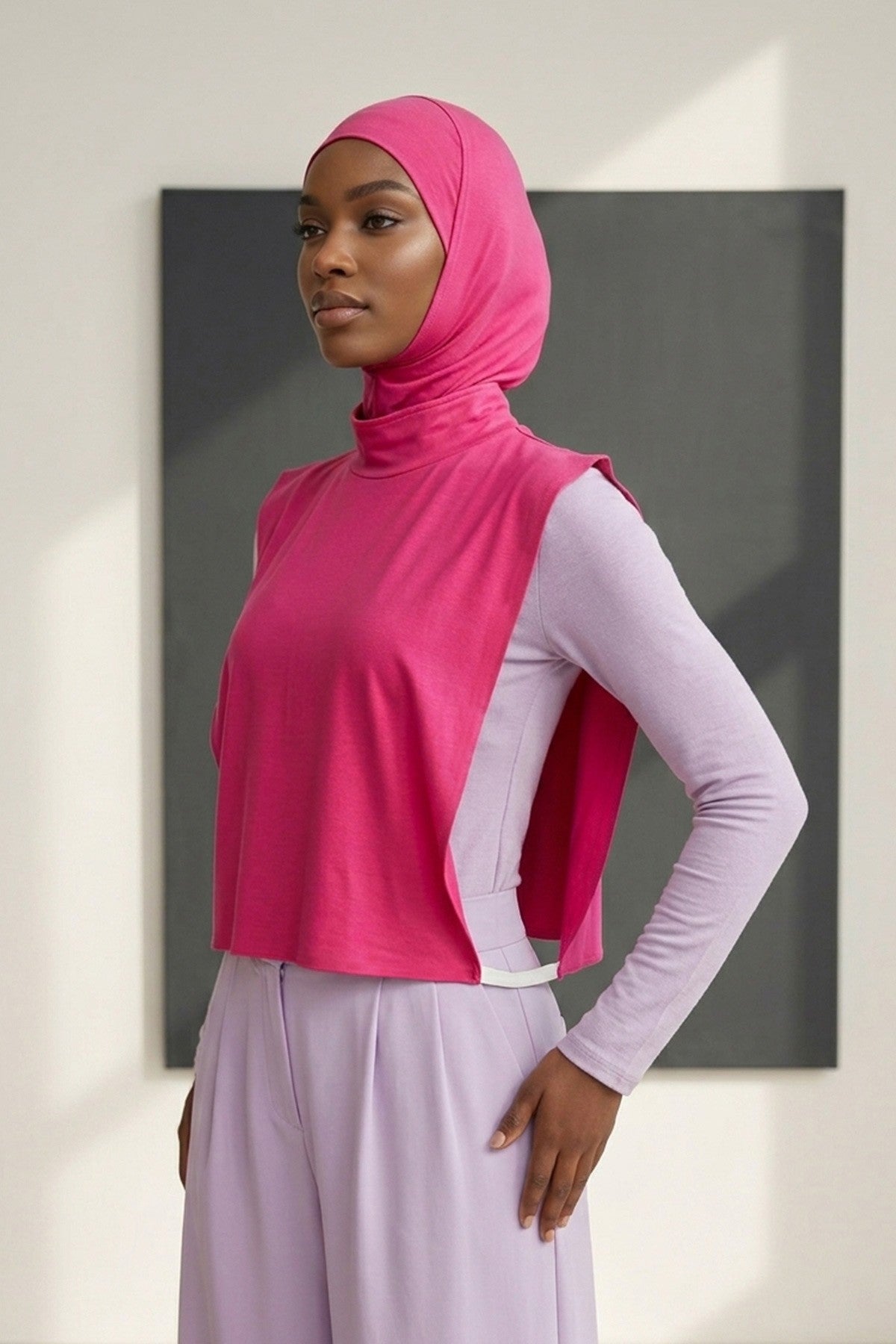 One-Piece Jersey Hijab & Neck Cover Set, Full Coverage Bonnet,DK-2 Fuchsia