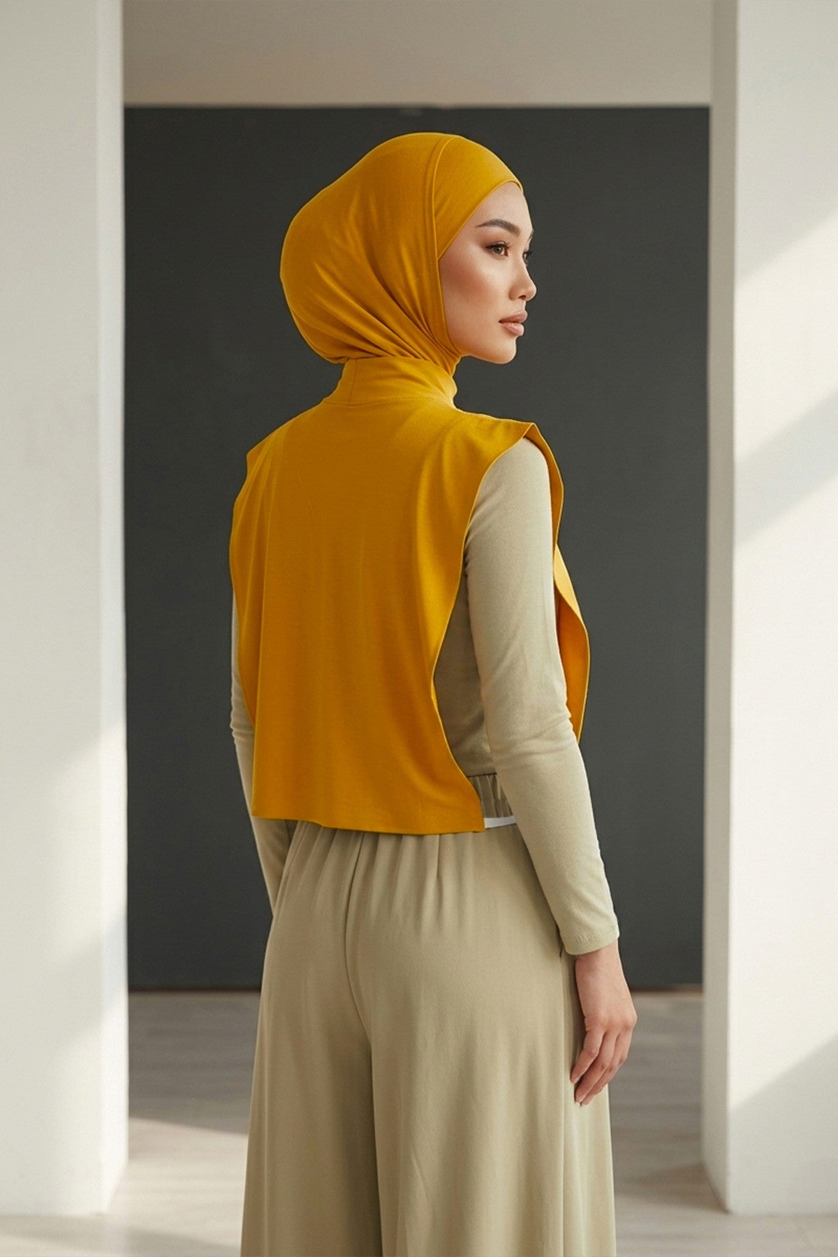 One-Piece Jersey Hijab & Neck Cover Set, Full Coverage Bonnet,DK-2 Mustard Yellow