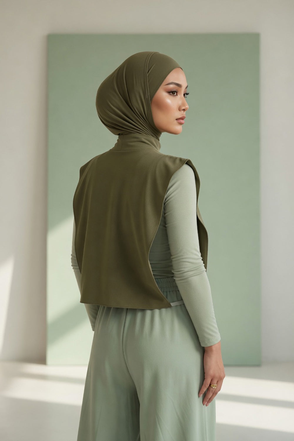 One-Piece Jersey Hijab & Neck Cover Set, Full Coverage Bonnet,DK-2 Army Green
