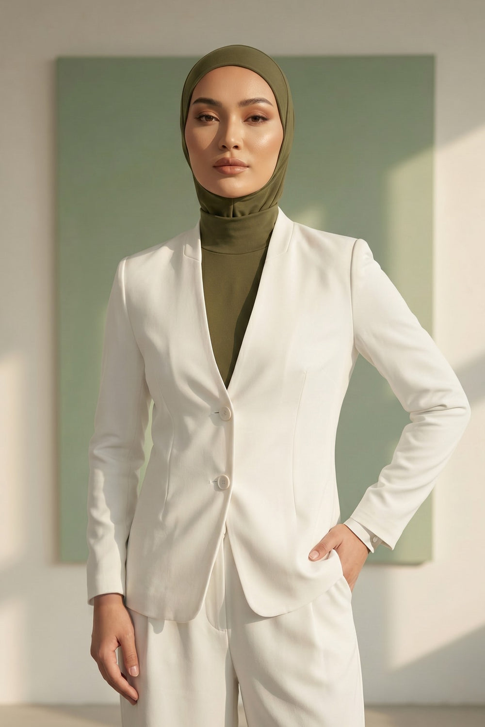 One-Piece Jersey Hijab & Neck Cover Set, Full Coverage Bonnet,DK-2 Army Green