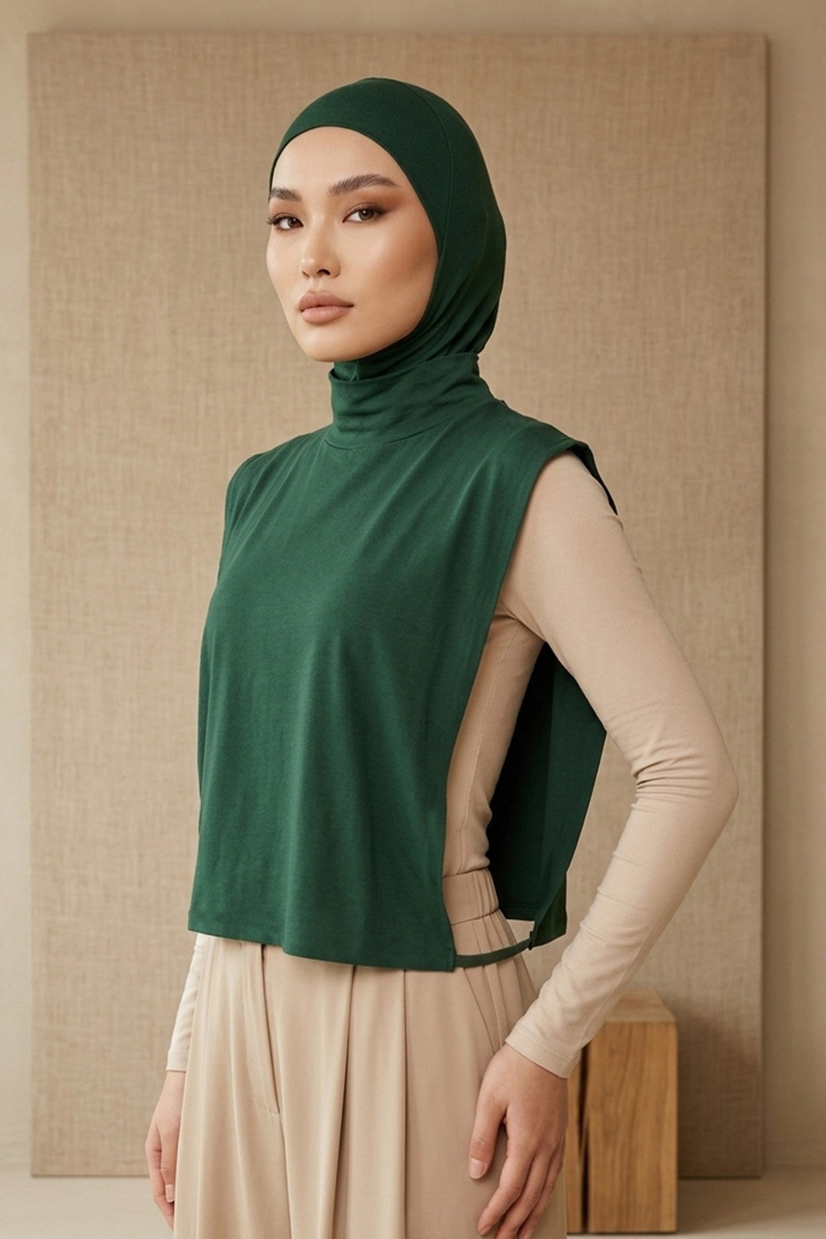 One-Piece Jersey Hijab & Neck Cover Set, Full Coverage Bonnet,DK-2 Green