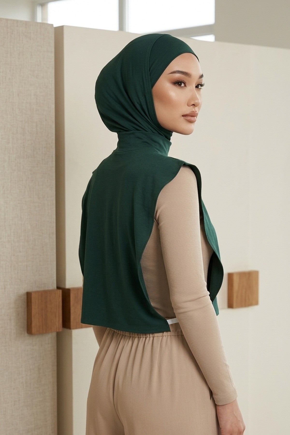 One-Piece Jersey Hijab & Neck Cover Set, Full Coverage Bonnet,DK-2 Green