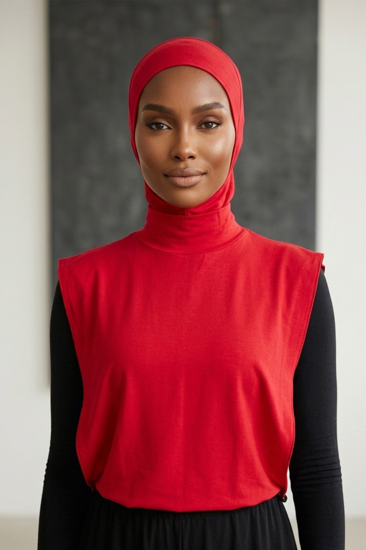 One-Piece Jersey Hijab & Neck Cover Set, Full Coverage Bonnet,DK-2 Red