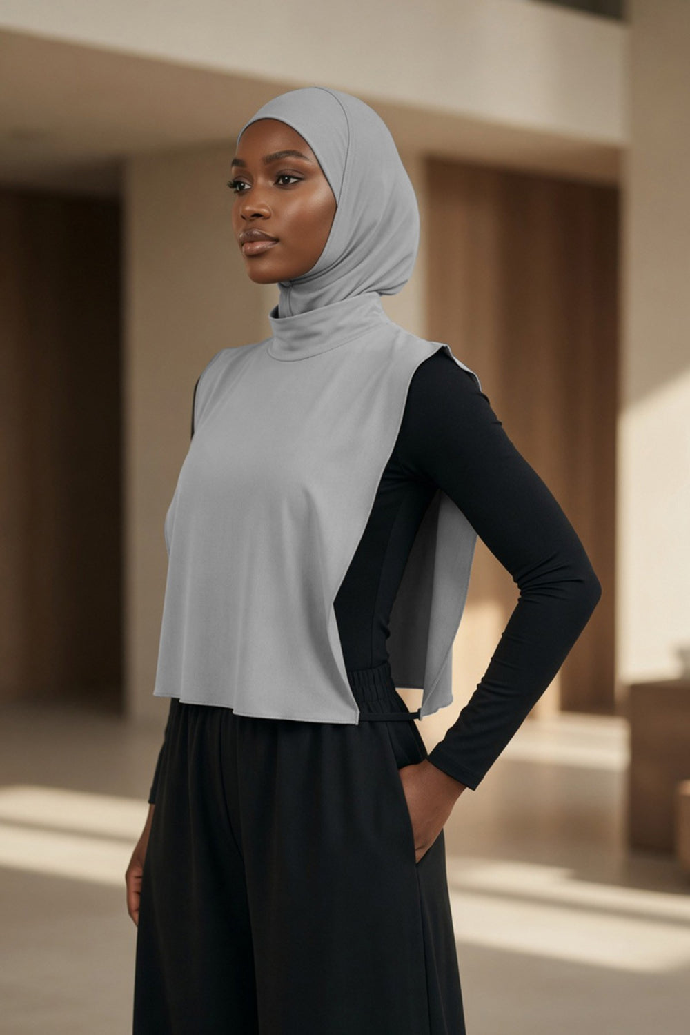One-Piece Jersey Hijab & Neck Cover Set, Full Coverage Bonnet,DK-2 Grey 2