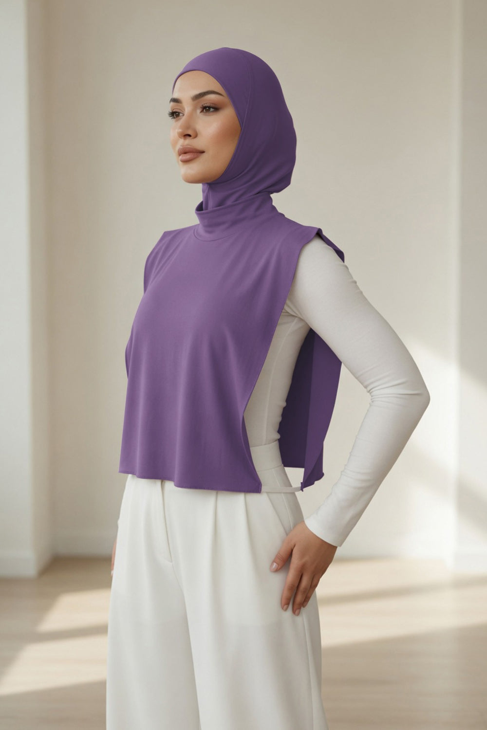 One-Piece Jersey Hijab & Neck Cover Set, Full Coverage Bonnet,DK-2 Purple 2
